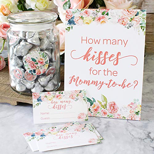 How Many Kisses Baby Shower Game - Floral (Sign with Cards) - //medicalbooks.filipinodoctors.org