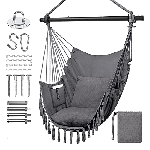 AzzmaAii Hamaca Colgante para Silla, Silla Hamaca Colgante de Cuerda con Cojín y Barra de Metal Silla Colgante al Aire Libre Silla Columpio Sillas Colgantes Portátil al Aire Libre Cuerda Colgante