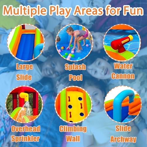 Inflatable Water Slide,6 in 1 Bounce House Outdoor Backyard,Waterslide with Slide,Large Splash Pool,Archway,Sprinkler,Climbing Wall & Water Cannon,480W Blower Included,Backyard Water Park