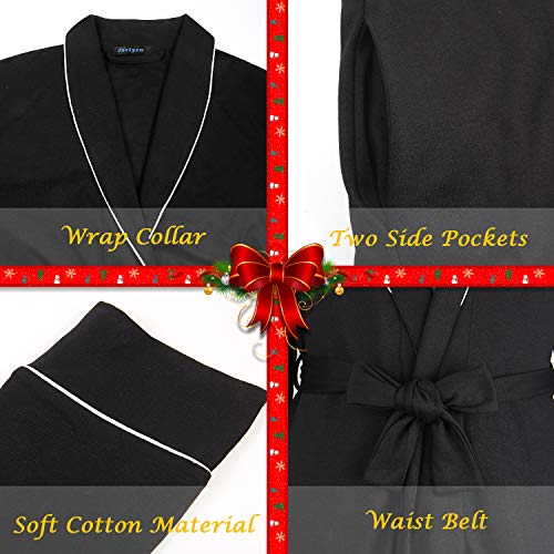 Cotton Robe Soft Kimono Spa Knit Bathrobe Lightweight Long Sleepwear Nightwear - House Coat for Her - Black, M