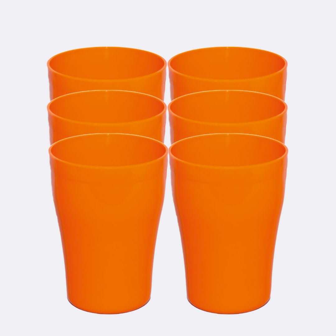 ECO 6 Pack Hard 420ml Plastic Cups Reusable | Stackable Plastic Tumblers for Parties | Orange Toddler Cup for Everyday Use | Unbreakable Kids Cups for Outdoor Picnics & BBQ (420 ml) (Orange)