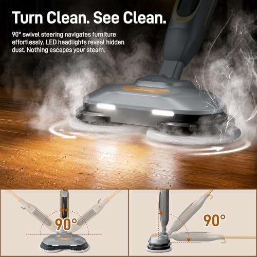 Funsteam Steam and Scrub Mop, Steam Mop with Dual Rotating Pads, Swivel Steering, 2 LED Headlight, 4 Cleaning Modes, 15.2 fl oz Tank, 6 Washable Pads for All-in-One Sealed Hard Floors