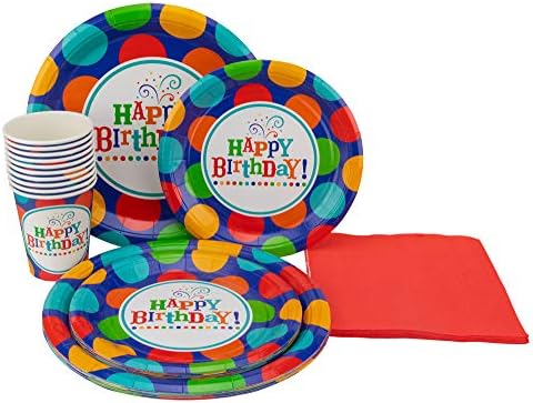Perfect Settings Disposable Tableware - Happy Birthday Party Plates - Dinner Set Bundles of 10 Includes Happy Birthday 9" Plates - 7" Cake Plates - 9oz Cups & Solid Color Napkins