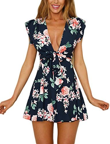 Vaniglia Women Floral Print Sleeve Sexy Deep V-Neck Tunic Top Casual Mini Dress