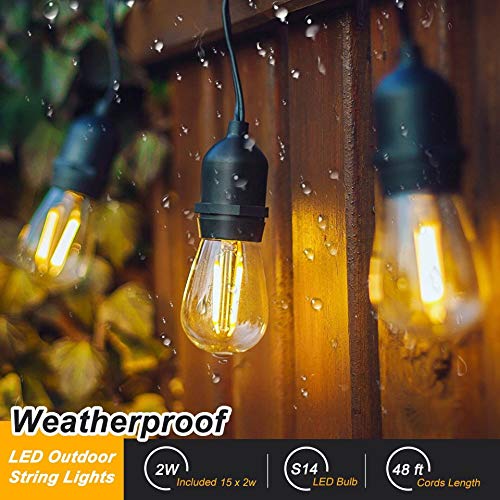 Outdoor String Lights 48Ft Patio Lights with 15 2W LED Dimmable Vintage Edison Bulbs, Commercial Grade Yard Lights Created a Soft Warm Ambiance for Your Gazebo Bistro Backyard Deck Parties-S14