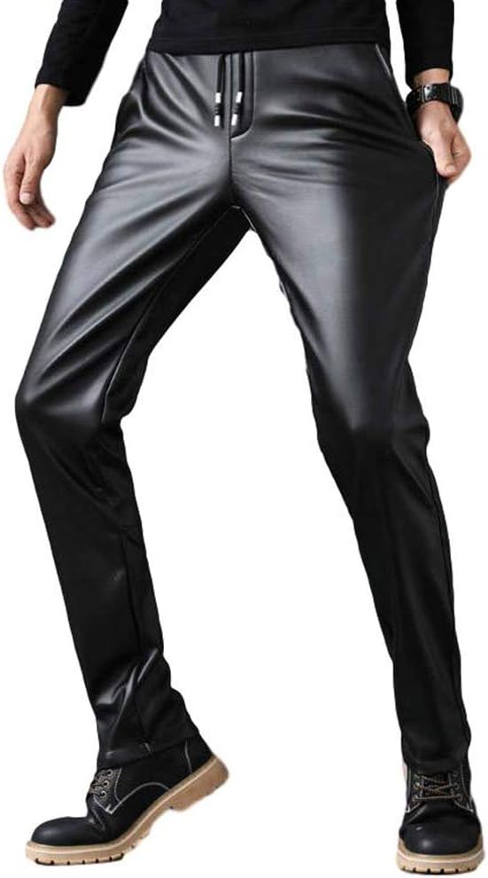 Idopy Men`s Business Slim Fit Five Pockets Faux Leather Pants Jeans