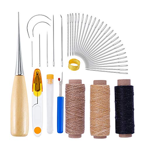 10 Pcs Upholstery Repair Kit,Curved Upholstery Hand Sewing Needles Sewing Needles with 3 Pcs Leather Waxed Thread Cord and Drilling Awl and Thimble and 25 Pcs Large-Eye Stitching Needles