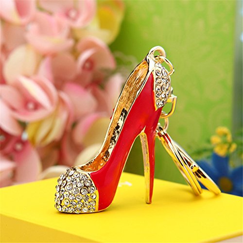 Reizteko Fashion Lady's High Heel Shoe Rhinestone Alloy Women Bag or Car Keychain (Red)