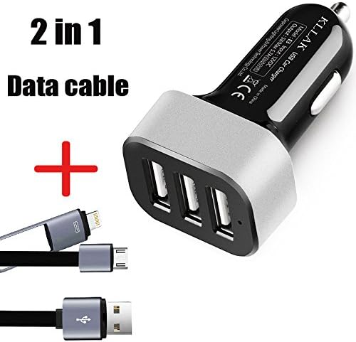 Car Charger KLLAK Data Cable 3.1A/24W Smart Port 3 in 1 Car Charger 2 Port USB+Cigarette Lighter for iPhone 7 6 Plus 6 5SE(3 USB Charger + 2 in 1 Data cable)