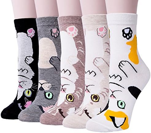 Pack of 5 Women Girls Fun Cats Cartoon Sweet Animal Pattern Cotton Crew Floor Socks