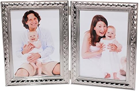 LEADEX Refined Double Sided Photo Frame,Folding Photo Frame, Silver Plated,Home Décor Or Birthday/Party Gift,5 by 7 Inch (Floral Silver)