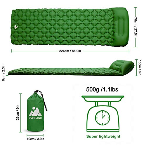 EVOLAND Ultralight Sleeping Pad for Camping, Inflatable Lightweight Compact Camping Sleeping Air Pads with Pillow for Backpacking, Hiking