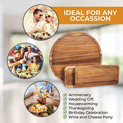 Kitchen Chefs Acacia Wood Cheese Board Set - Large Wooden Charcuterie Board with 2 x Rectangular Cheese Plates - Round Cutting Serving Tray Platter - Modern Housewarming, Birthday, Wedding Fancy Gift