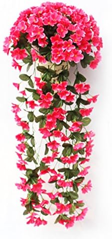 Hanging Wall Artificial Fake Silk Violet orchid Flower Rattan Plant Basket Décor Rose Red
