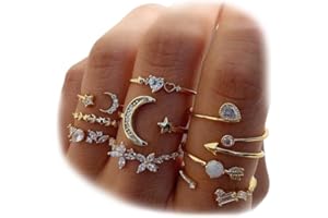 KISS WIFE Gold Stackable Moon Star Knuckle Rings Set for Women, Boho Dainty Lightweight Stacking Rings, Vintage Midi Rings Pack, Trendy Jewelry