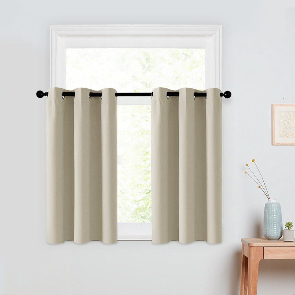 BYSURE Set of 2 Beige Bistro Half Window Curtains, 85 x 115 cm, Blackout, Polyester, Living Room