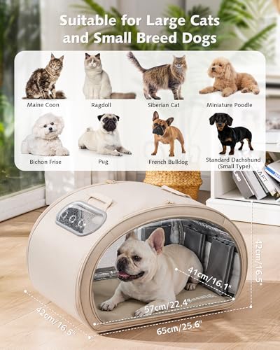Pecute Casa Refrigerante para Gatos y Perros Pequeños, Caseta Fresca con 6 Cajas de Gel Reutilizables, Alfombrilla Refrigerante, Ventana Transparente Plegable, Tamaño L <8kg para Interior, Beige.