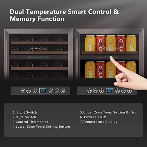 MOOSOO 24 Inch Beverage and Wine Cooler, Dual Zone Wine Refrigerator