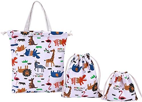 Amoyie 3 pcs Drawstring Storage Bag Set Small Tote Bag for Baby Stuff Travel Home Accessories Animal