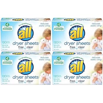 all Fabric Softener Dryer Sheets for Sensitive Skin, Free Clear, 120 Count Pack of 4