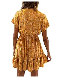 ABYOXI Vestido corto con volantes y cuello en V para mujer, con estampado floral, plisado, tallas S-XL