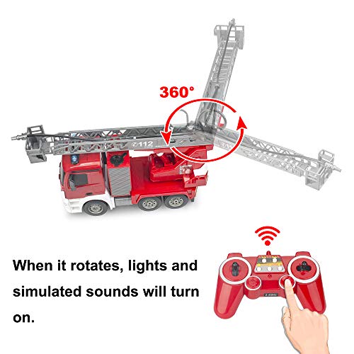 DOUBLE E RC Fire Truck Remote Control Fire Engine 10 Channel with Water Pump Lights Sounds Extendable Ladder Rechargeable Battery 2.4GHz Radio Control (New Package)