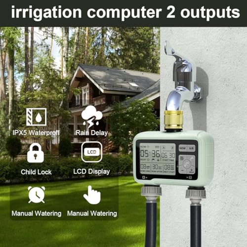 Johgee Sprinkler Timer 2 Zone Brass Inlet, Water Timer for Garden Hose Faucet 2 Outlet, Programmable Water Hose Timers Irrigation System Controller with Child Lock Mode, Auto & Manual Mode, Rain Delay