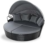 EVRE Bali 3 Piece Circular Rattan Day Bed Set with Extendable Canopy Black