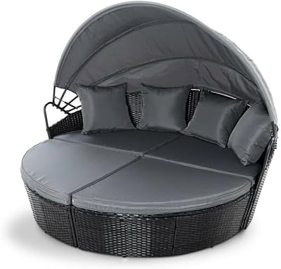 EVRE Bali 3 Piece Circular Rattan Day Bed Set with Extendable Canopy Black