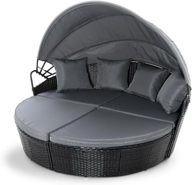 EVRE Bali 3 Piece Circular Rattan Day Bed Set with Extendable Canopy Black