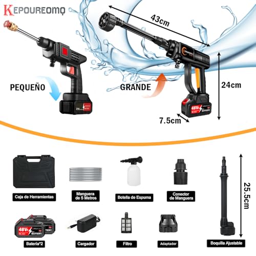KEPOUREOMQ Pistola de Lavado de Alta Presión, 6 en 1 Hidrolavadora Inalambrica Eléctrica Portátil de 800PSI, 550W, con 2 * 15000mAh Baterías, 5m Manguera y Jarra de Espuma, Negro