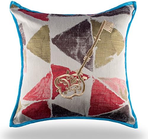 Handmade Imported Vintage Key Throw Pillow Cover, Reds, Brown, Trim Turquoise, 18x18