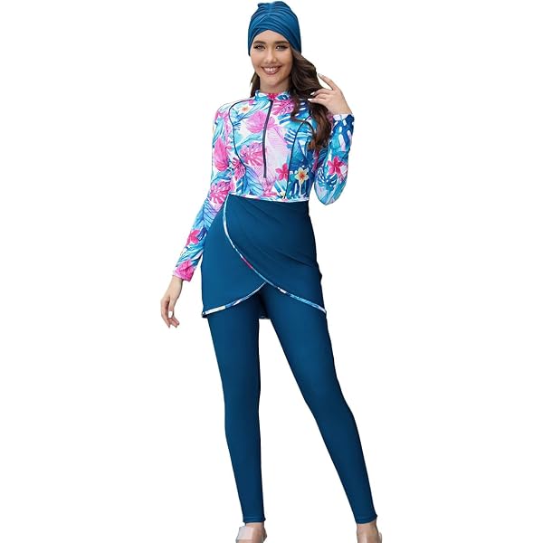 Women's 3-Piece Muslim Burkini Swimsuit - Long Sleeve Floral Top, Pants & Cap, Full Coverage Modest Swimwear