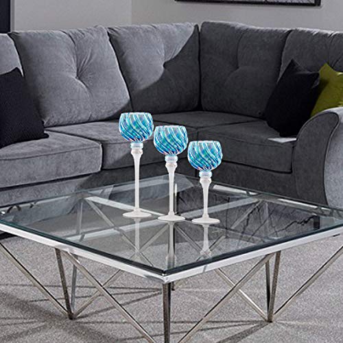 Hurricane Candle Holders Glass Set | 3-Piece Blue Tall & Attractive Votive, Pillar & Tealight Long Stem Candleholders | Ideal for Wedding Centerpiece, Home Decor, Parties, Table Settings & Gifts