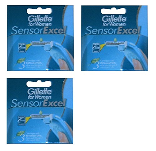 Gillette Sensor Excel Razor Handle + Gillette for Women Sensor Excel , 3 Count Refill Blade Cartridges (Pack of 3) + FREE Curad Bandages, 8 Ct.