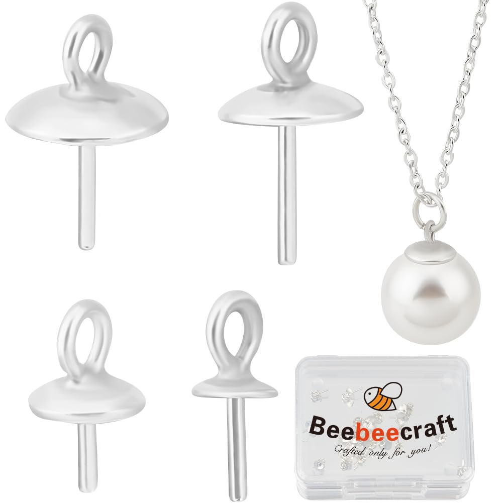 Beebeecraft 1 Box 4 Sizes 24Pcs Eye Pins Bail Caps 925 Sterling Silver Cup Pearl Bail Pin Pendants for Half Drilled Beads DIY Jewelry Making (3/4/5/6mm)