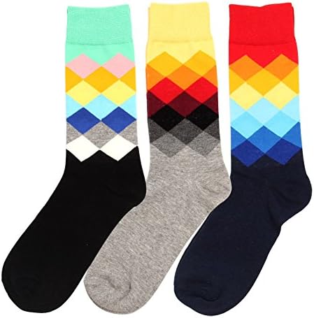 Mens Dress Socks,AZB Funny Colorful Assorted Rainbow Argyle Crew Socks for Men Pack-3 Pairs WZ003