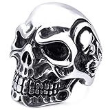 INBLUE Men's Stainless Steel Ring Silver Tone Black Skull Bone