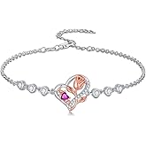 Wildari Mom Birthstone Charm Link Bracelet 925 Sterling Silver Rose Heart Mom Bracelet with 12 Months Birthstone Mother's Day Gift Jewelry Gifts for Women,Chain Length 7"+2" Extend
