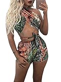 Glamaker Women's Sexy Halter Crop Top Shorts Romper Set 2 Pieces Rainforest Playsuit Outfits