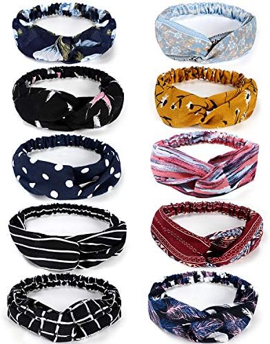10pcs Headbands for Women Vintage Elastic Floral Turban Headband Twisted Head Wraps Ladies Stretchy Cross Knot Hairband Hair Accessories (Multicolor)