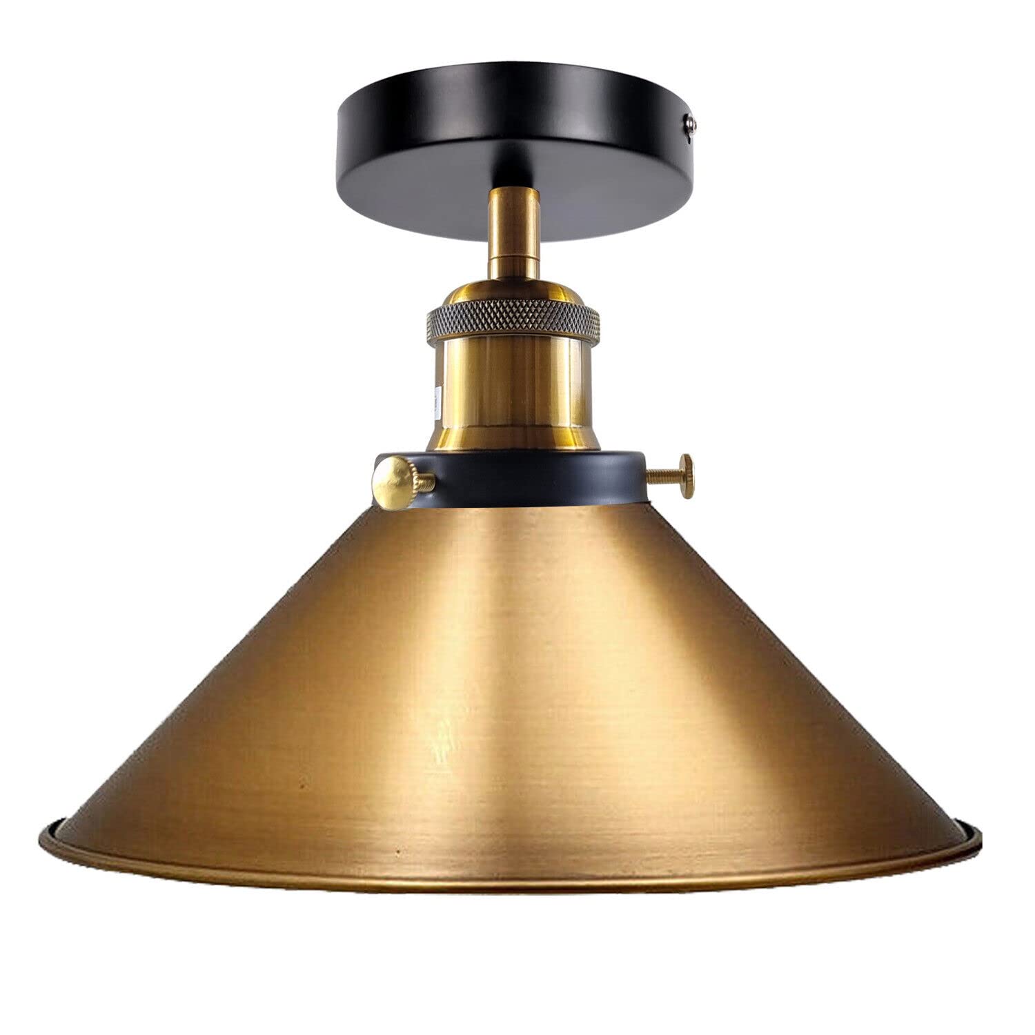 LEDSone Vintage Industrial Ceiling Light Semi Flush Mount E27 Metal Cone Shade 22cm Ceiling Lamp for Kitchen Dining Room Hallway Living Room Yellow Brass with Bulb