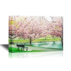 Canvas Wall Art - Bench Under Cherry Blossom - Gallery Wrap Modern Home Art | Ready to Hang - 12x18 inches