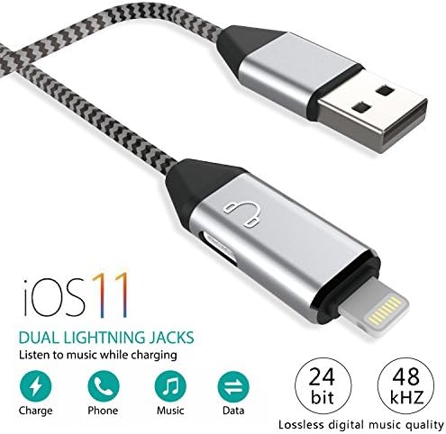 Lightning Splitter Cable, for iPhone 7 & iPhone 8 to Dual Ports Adapter, Loseless Audio Quality, 2 in 1 charge and listen to music at the same time, Support iOS 11 and before (Silver)