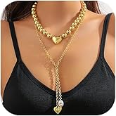 YNZGYBY Chunky Gold Bead Heart Pendant Necklace Trendy Vintage Layered Link Chain Love Shaped Choker Necklaces Fashion Drop Statement Jewelry for Women