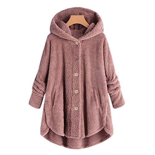 Womens Oversized Hooded Coats Warm Wool Plush Button Cardigan Hoodies Sweaters Pink