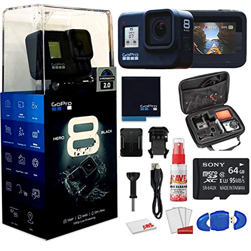 GoPro HERO8 Black Digital Action Camera - Waterproof, Touch Screen, 4K UHD Video, 12MP Photos Live Streaming, Stabilization - with Cleaning Set + Case + 64GB Memory Card and More.