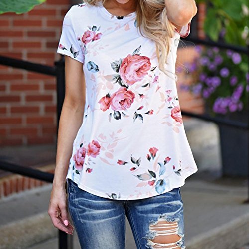 YANG-YI Women Short Sleeve Flower Printed Blouse Round Neck Casual T-Shirt (S)