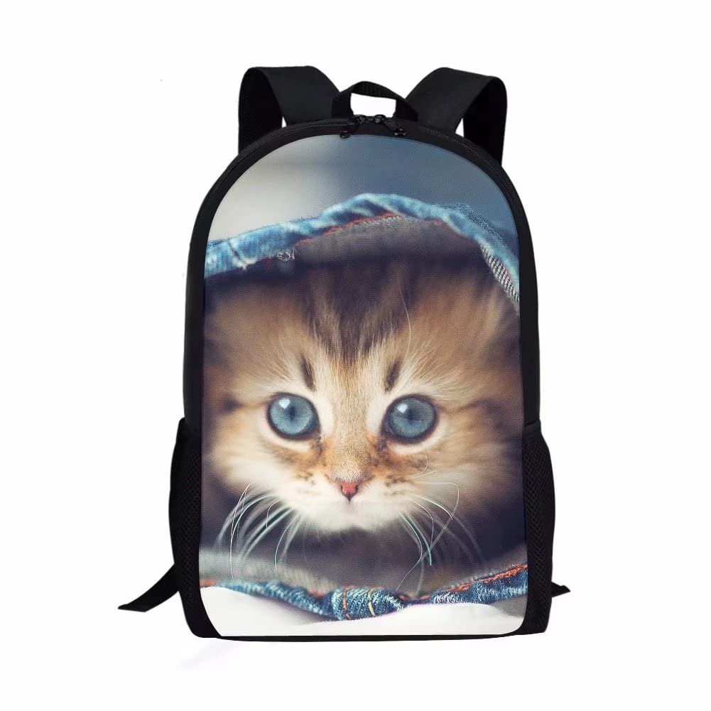 HUIACONG Cute Cat Backpack for Girls Primary Secondary School Bag with Water Bottle Holder,Kids Rucksack Childrens Book Bag