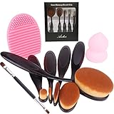Aoohe Kabuki Oval Toothbrush Contour Makeup Brush Sets with Silicone Cleaning Mat Tools (Black10pcs)